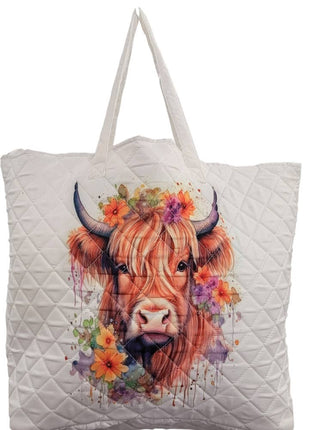 Floral Highland Cow Quilted Tote Bag
