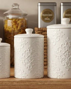 Embossed Ceramic Kitchen Canister Set, Set of 3, White