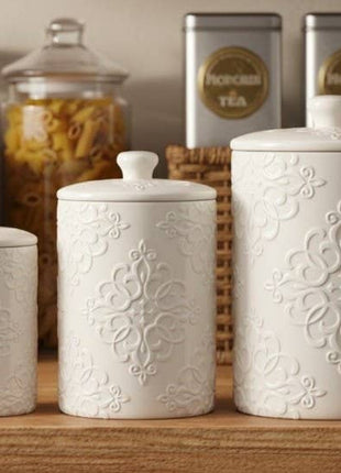 Embossed Ceramic Kitchen Canister Set, Set of 3, White