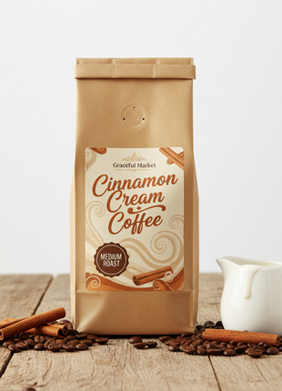 Graceful Market Cinnamon Cream Coffee | Cinnamon & Sweet Cream Flavored Medium Roast Coffee | Whole Bean or Ground | 12 oz Bag
